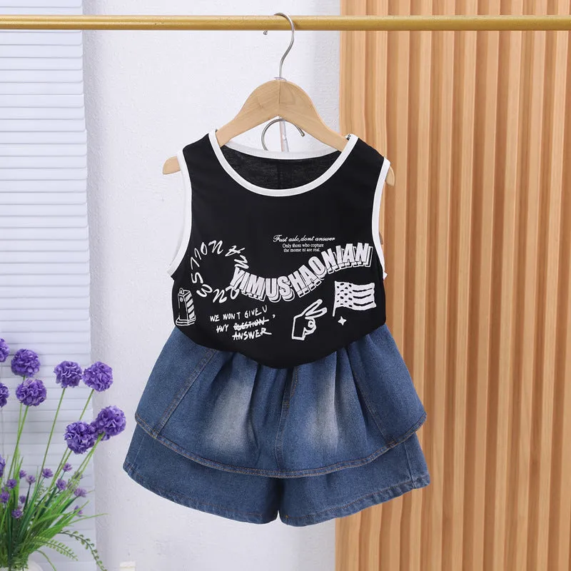 Girls culottes set foreign summer 2025 new fashion Internet celebrity sleeveless vest denim skirt two-piece set