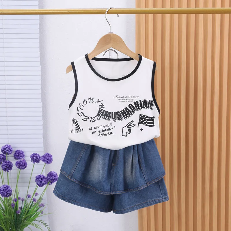 Girls culottes set foreign summer 2025 new fashion Internet celebrity sleeveless vest denim skirt two-piece set