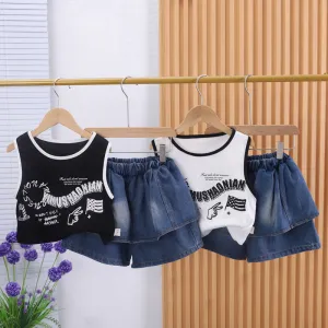 Girls culottes set foreign summer 2025 new fashion Internet celebrity sleeveless vest denim skirt two-piece set
