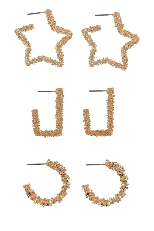 GOLD 3 PAIRS ON A CARD POPCORN TEXTURE FASHION EARRING SET