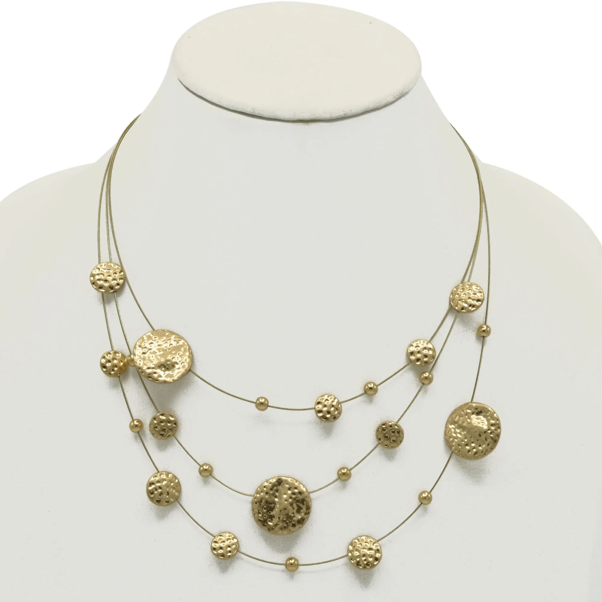 Gold 3 row Gold wire with hammered round disc necklace and earrings set #SCE18246-GOLD(TF18/AB21)