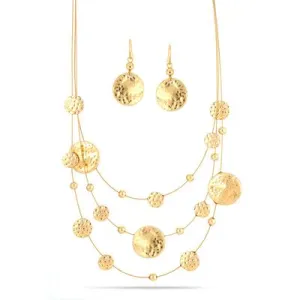 Gold 3 row Gold wire with hammered round disc necklace and earrings set #SCE18246-GOLD(TF18/AB21)
