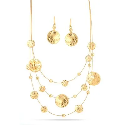Gold 3 row Gold wire with hammered round disc necklace and earrings set #SCE18246-GOLD(TF18/AB21)