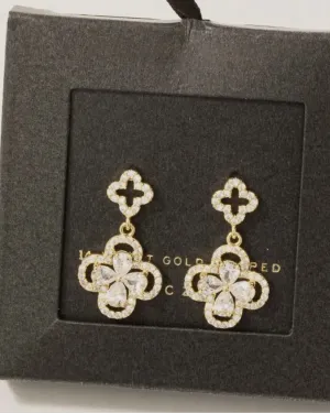 Gold Dipped Cz Pave Double Clover Drop Earrings