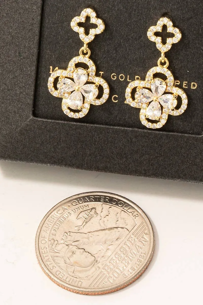 Gold Dipped Cz Pave Double Clover Drop Earrings