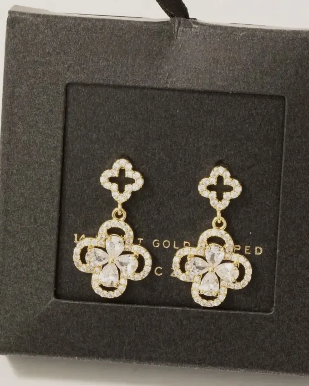 Gold Dipped Cz Pave Double Clover Drop Earrings