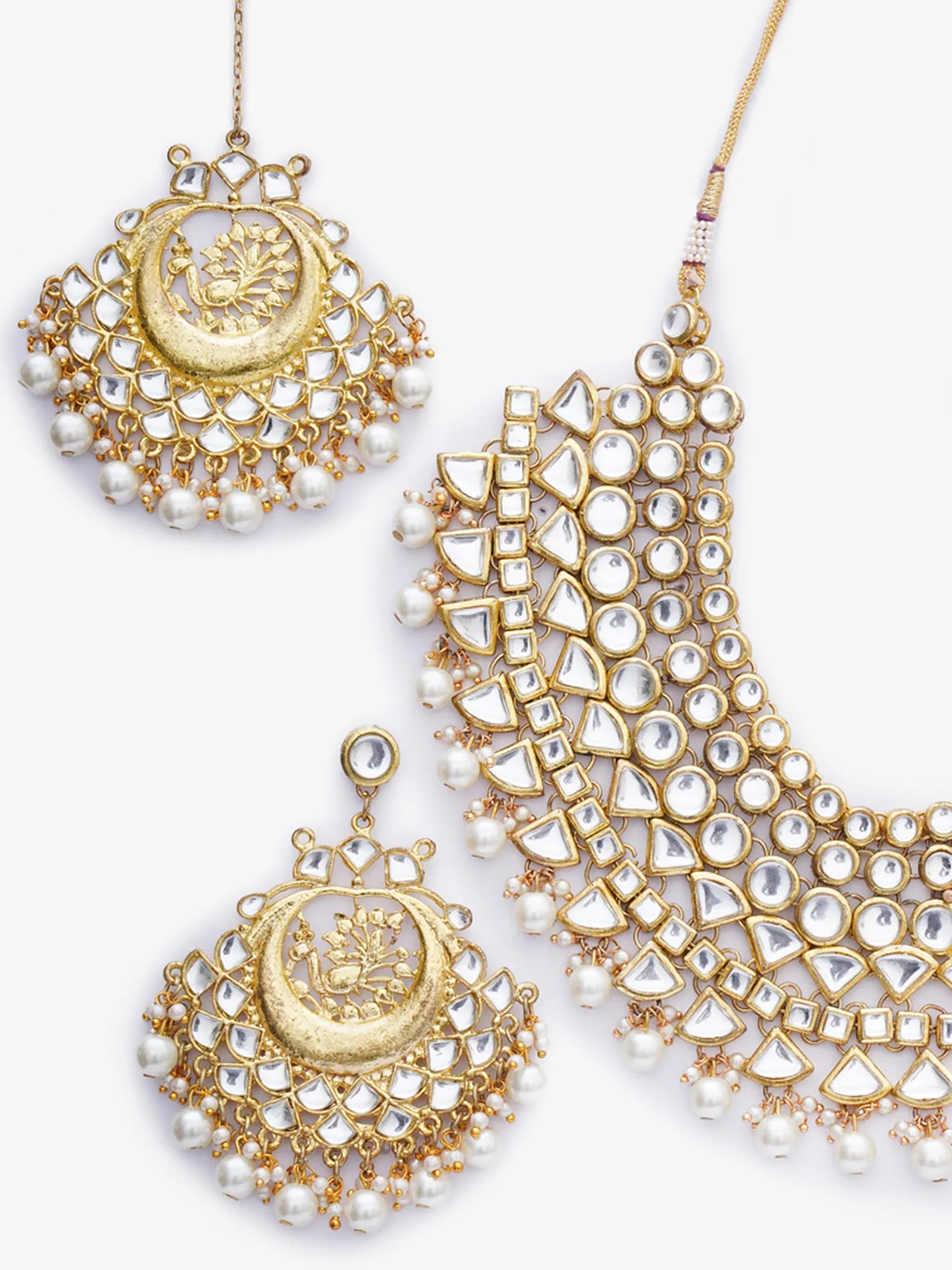 Gold Plated Pearl Beads Kundan Bridal Necklace Set