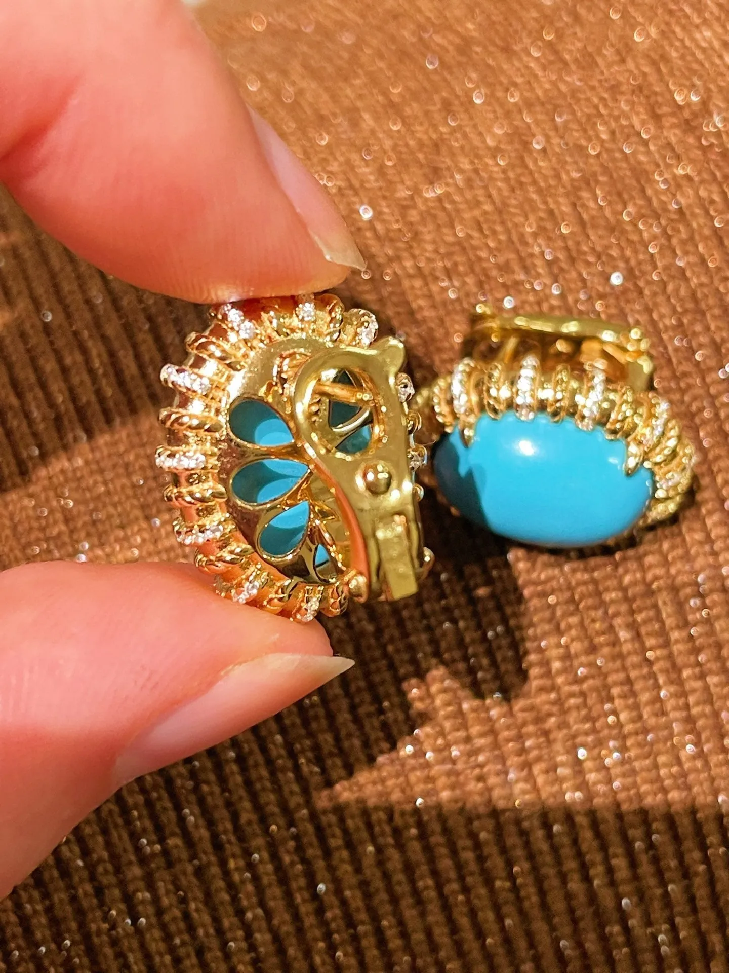 Grand Vintage Lace Blue Turquoise Hoop Earrings Regal Filigree Setting