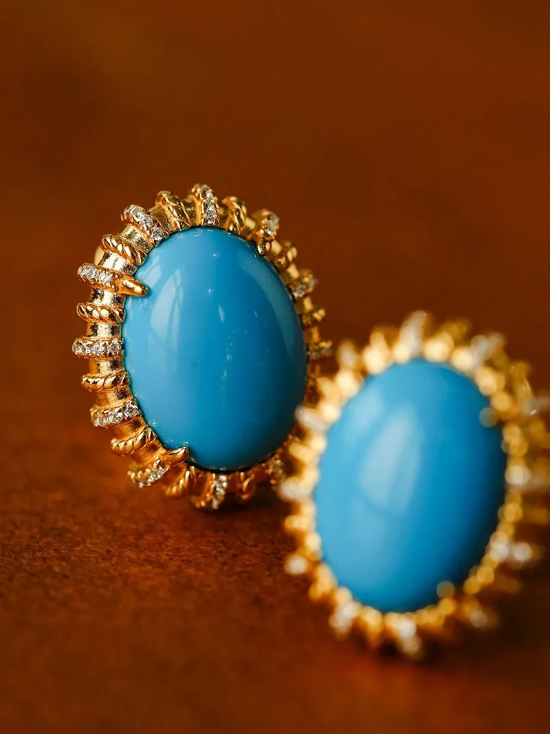 Grand Vintage Lace Blue Turquoise Hoop Earrings Regal Filigree Setting