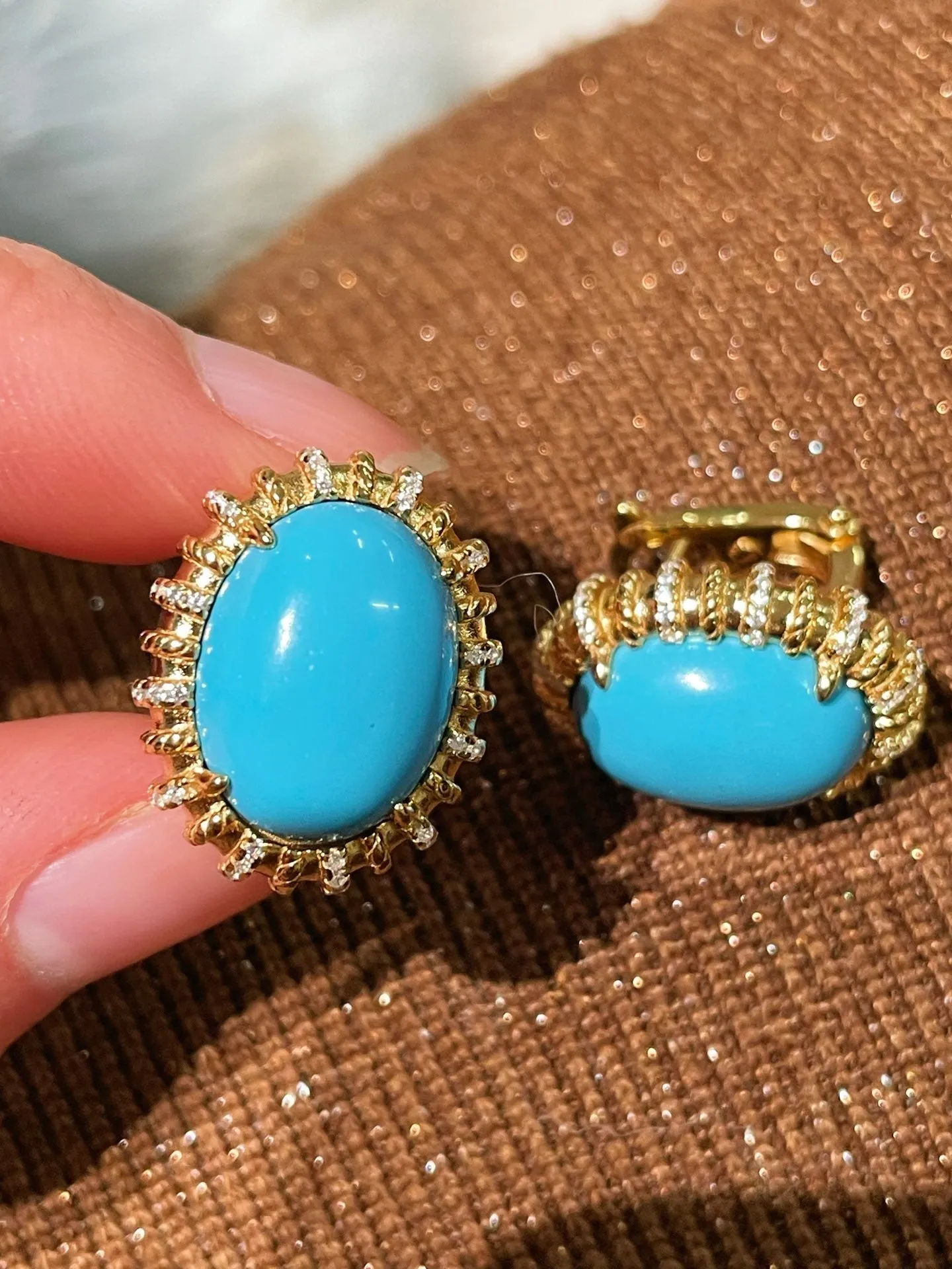 Grand Vintage Lace Blue Turquoise Hoop Earrings Regal Filigree Setting