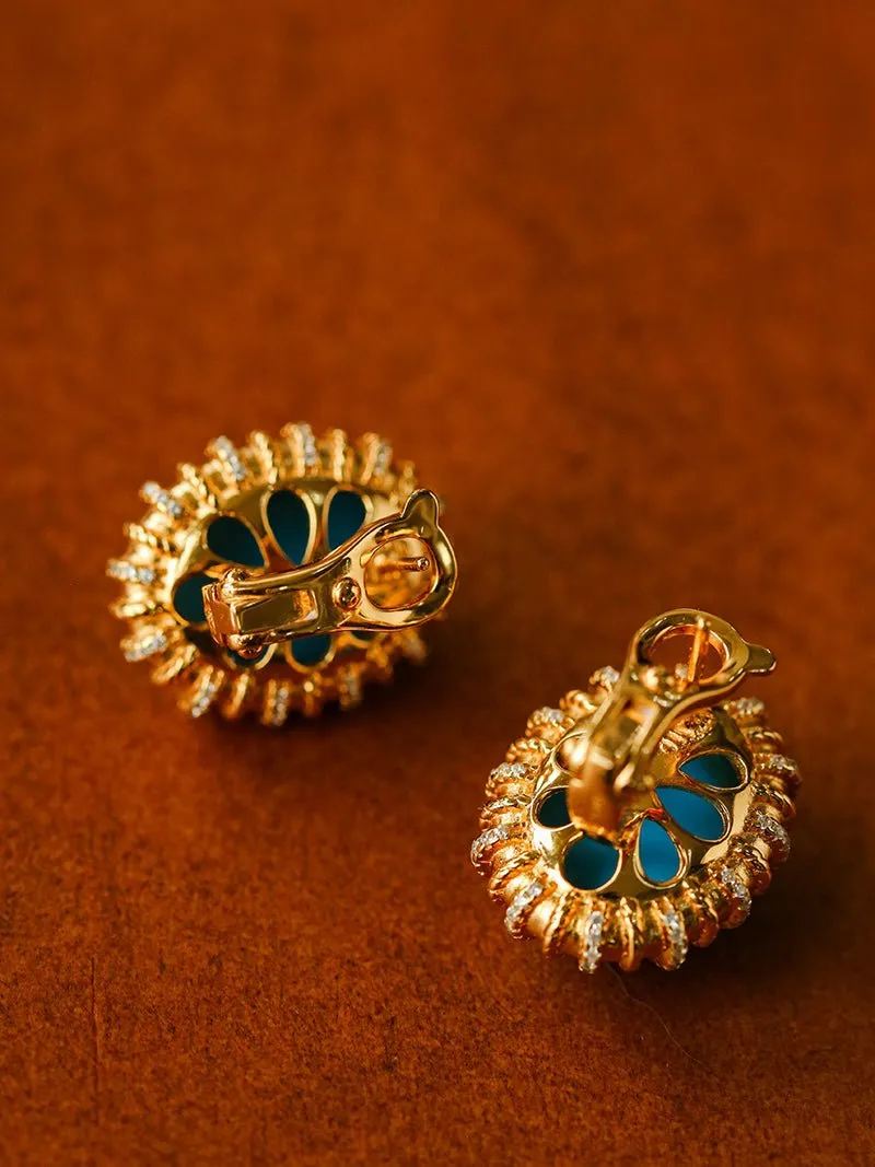 Grand Vintage Lace Blue Turquoise Hoop Earrings Regal Filigree Setting