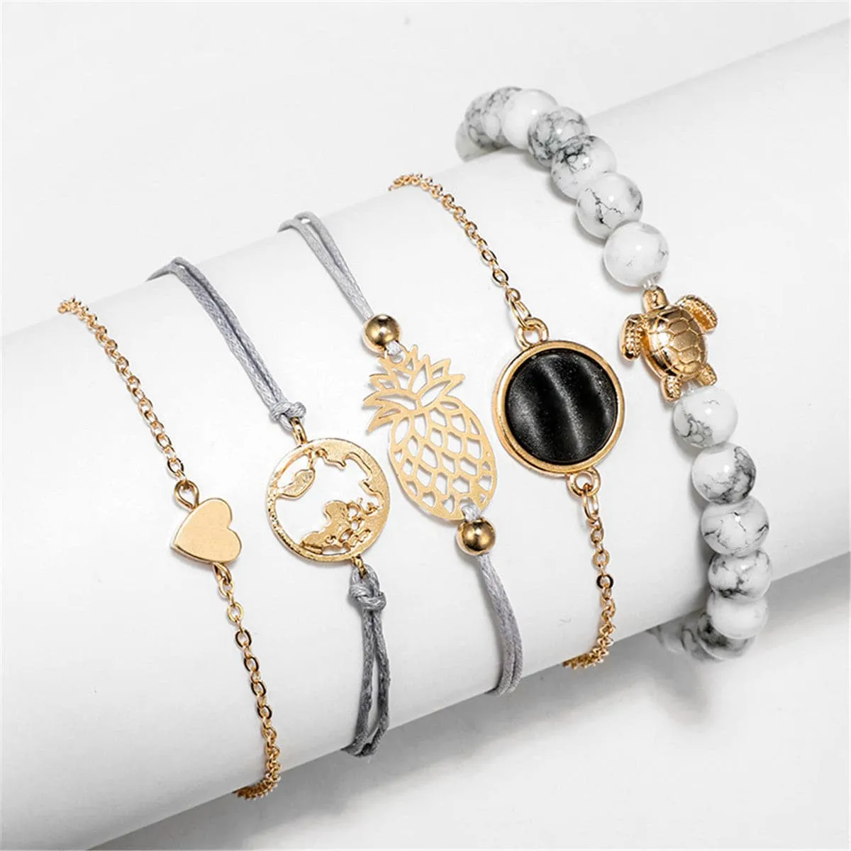 Gray Turquoise & 18K Gold-Plated Pineapple Bracelet Set