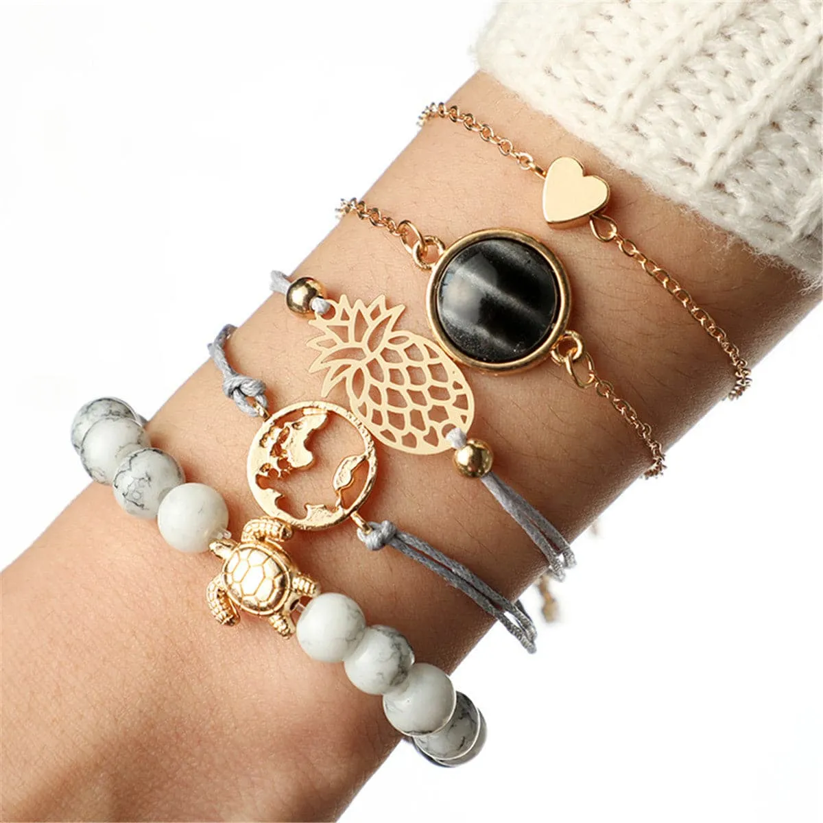 Gray Turquoise & 18K Gold-Plated Pineapple Bracelet Set