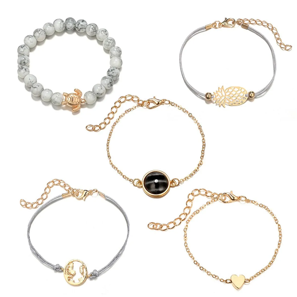 Gray Turquoise & 18K Gold-Plated Pineapple Bracelet Set