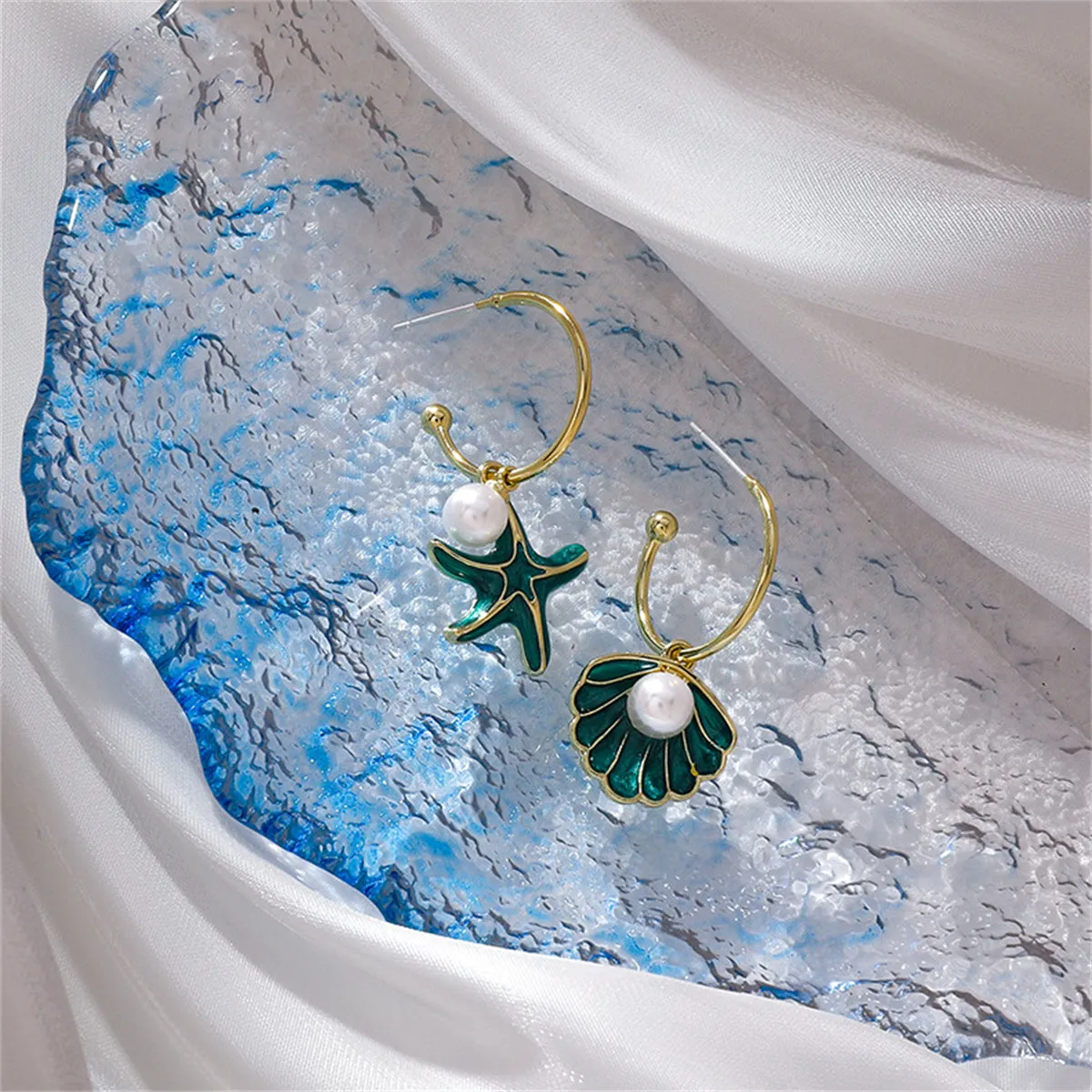 Green Enamel & Pearl Mismatch Shell Starfish Drop Earrings