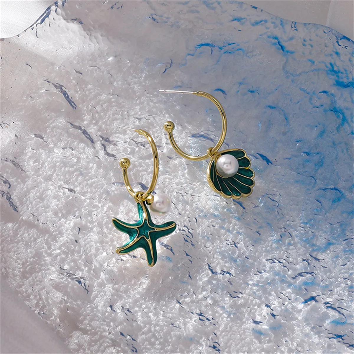 Green Enamel & Pearl Mismatch Shell Starfish Drop Earrings