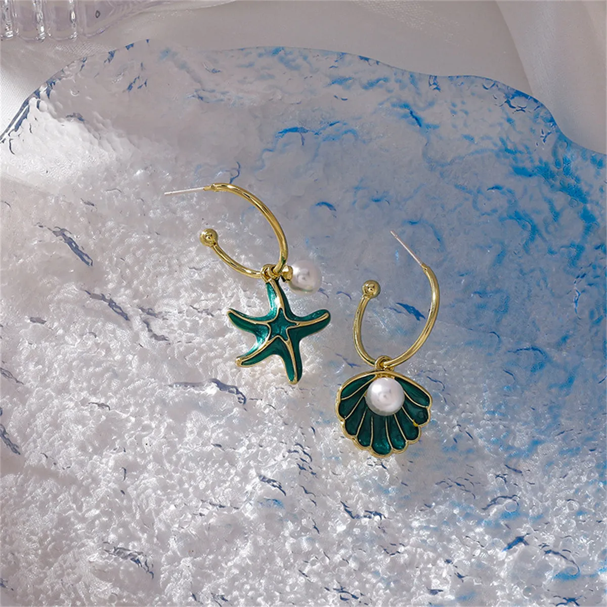 Green Enamel & Pearl Mismatch Shell Starfish Drop Earrings
