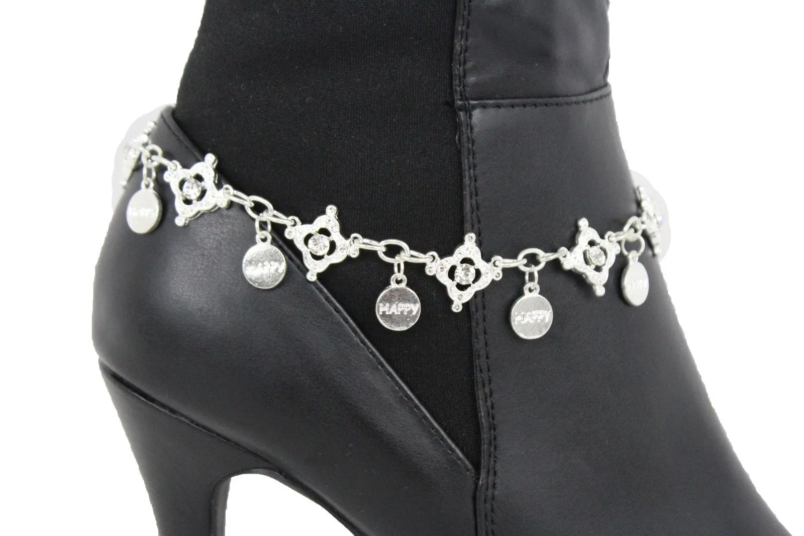 HAPPY Charms & Rhinestone Metal Boot Chain