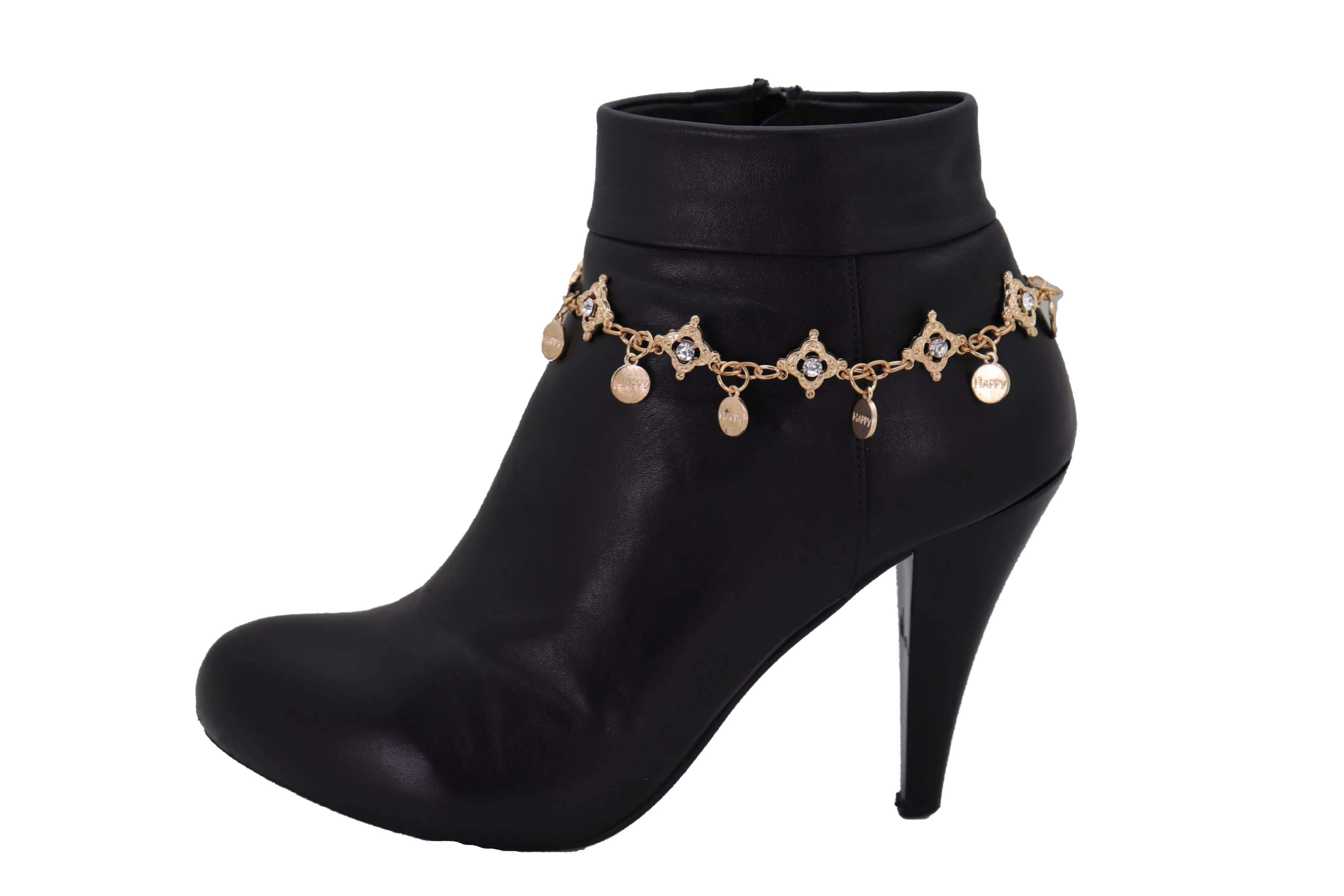 HAPPY Charms & Rhinestone Metal Boot Chain