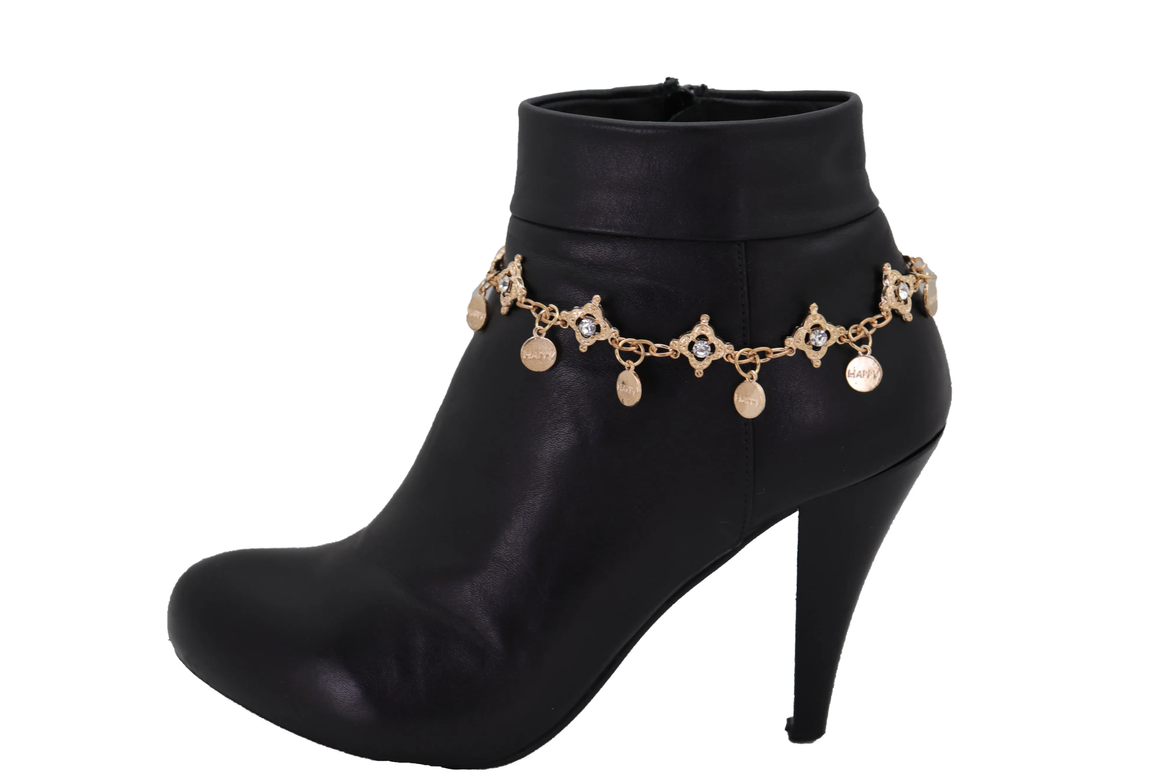 HAPPY Charms & Rhinestone Metal Boot Chain