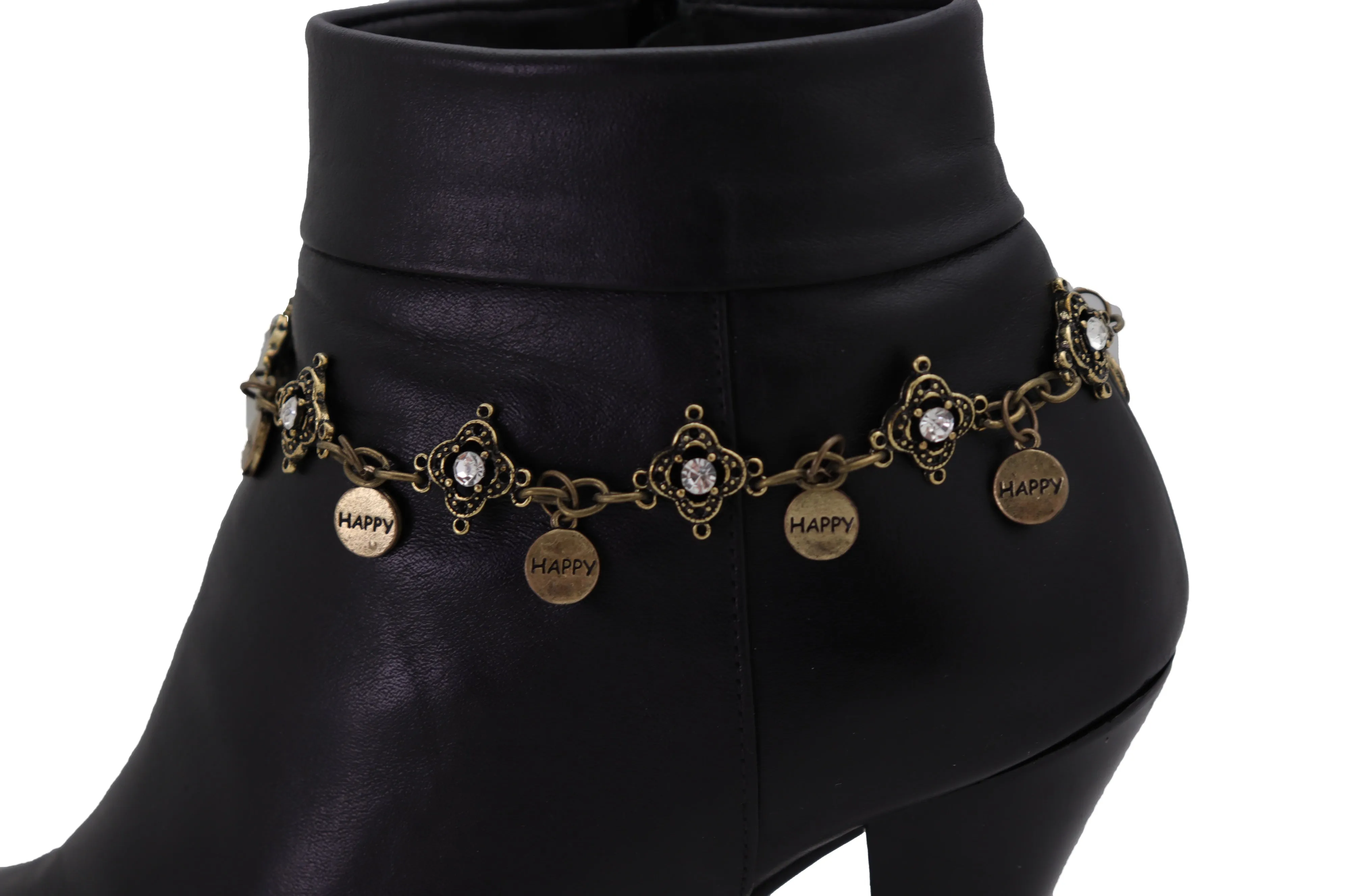 HAPPY Charms & Rhinestone Metal Boot Chain