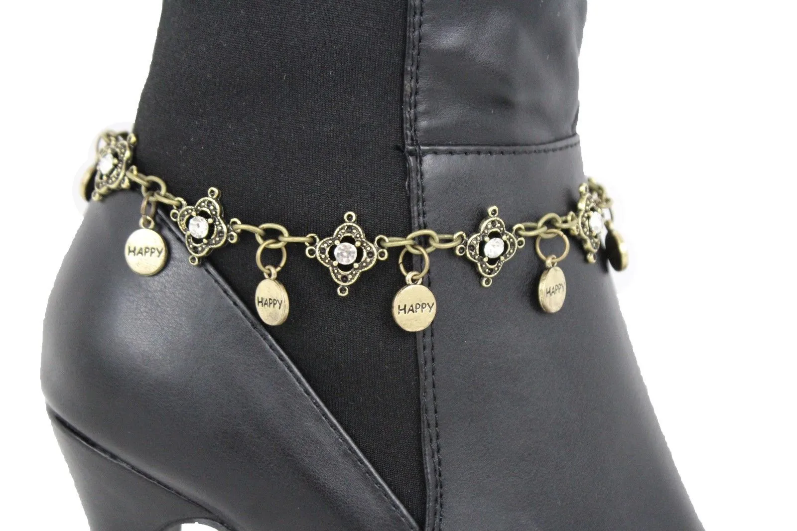 HAPPY Charms & Rhinestone Metal Boot Chain