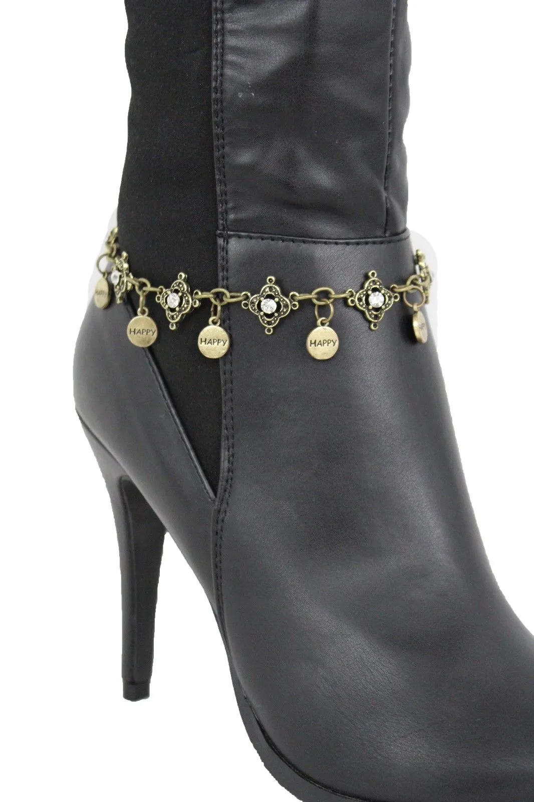 HAPPY Charms & Rhinestone Metal Boot Chain