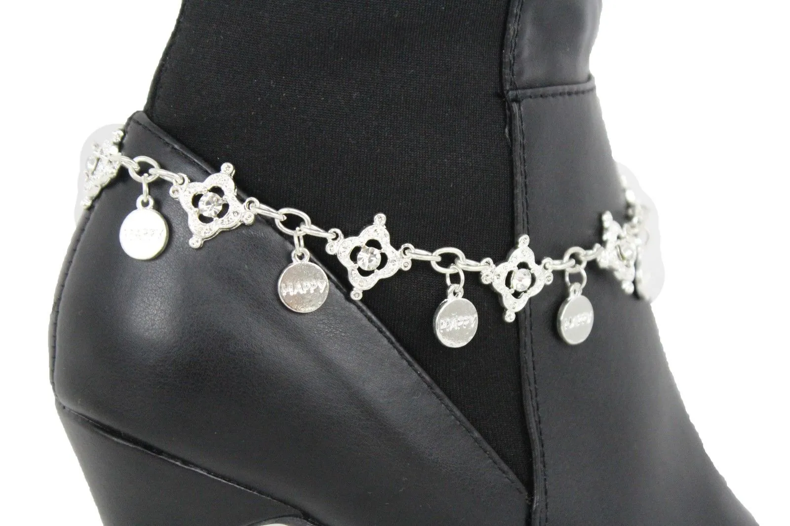 HAPPY Charms & Rhinestone Metal Boot Chain