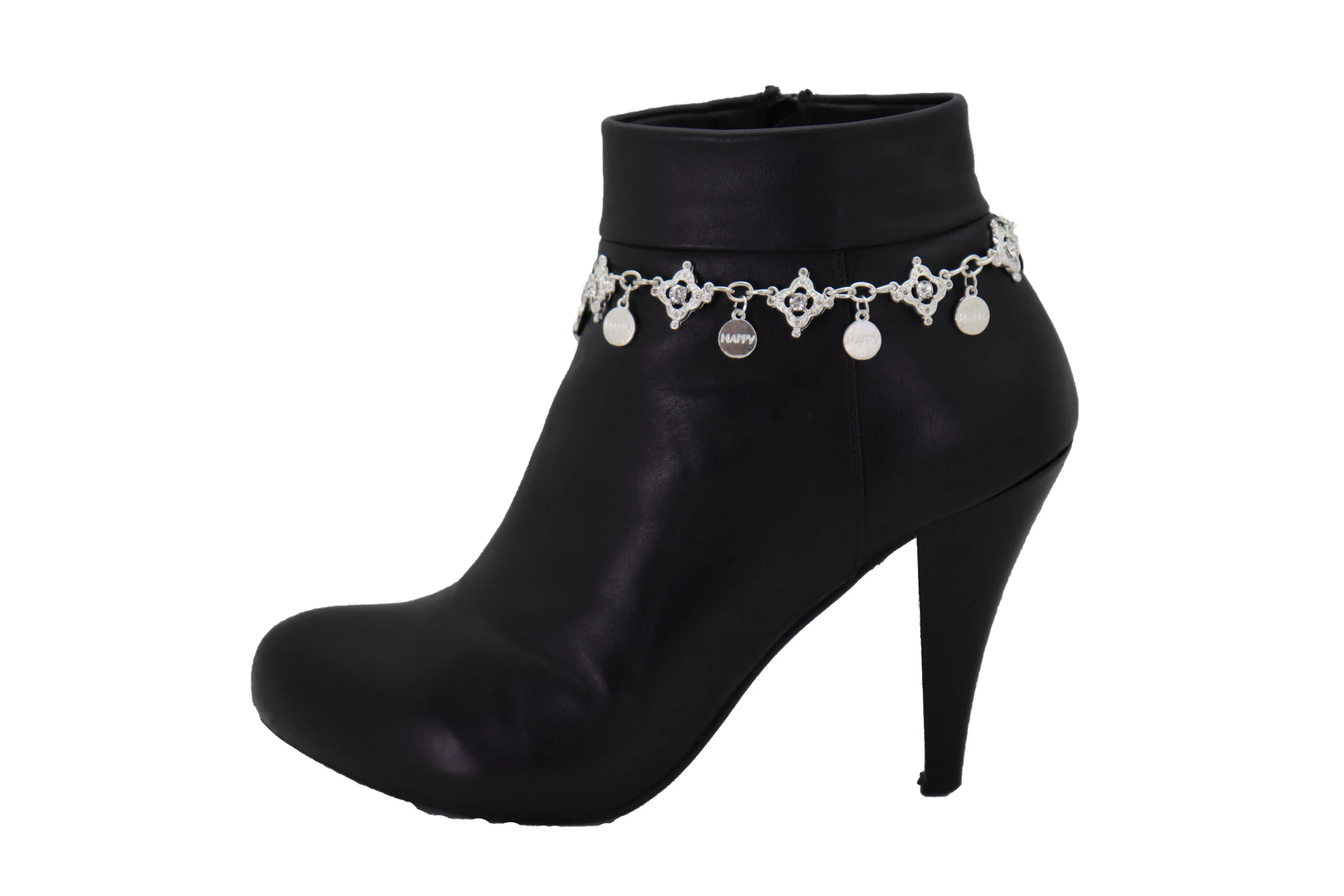 HAPPY Charms & Rhinestone Metal Boot Chain