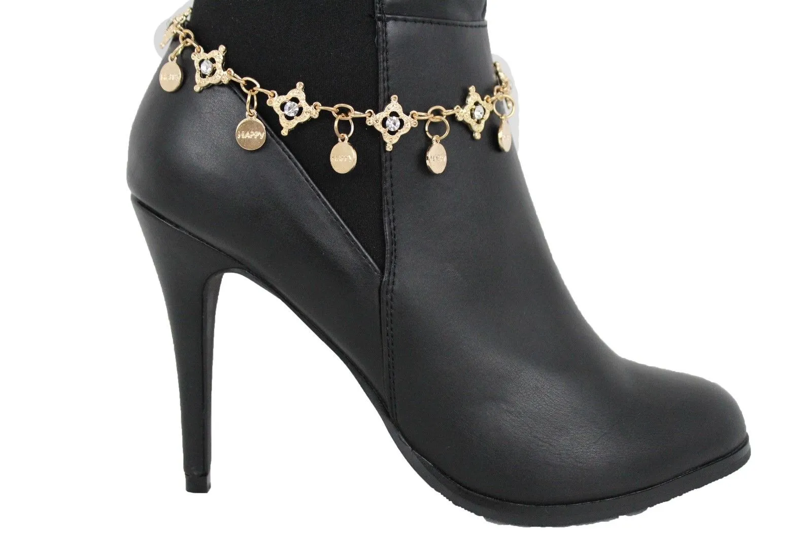 HAPPY Charms & Rhinestone Metal Boot Chain