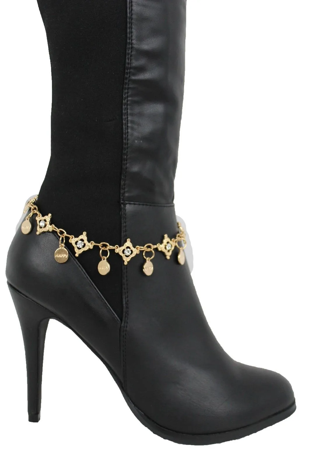 HAPPY Charms & Rhinestone Metal Boot Chain