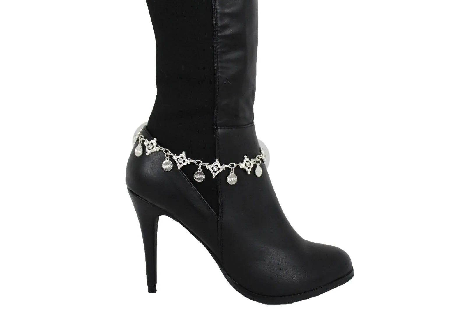 HAPPY Charms & Rhinestone Metal Boot Chain