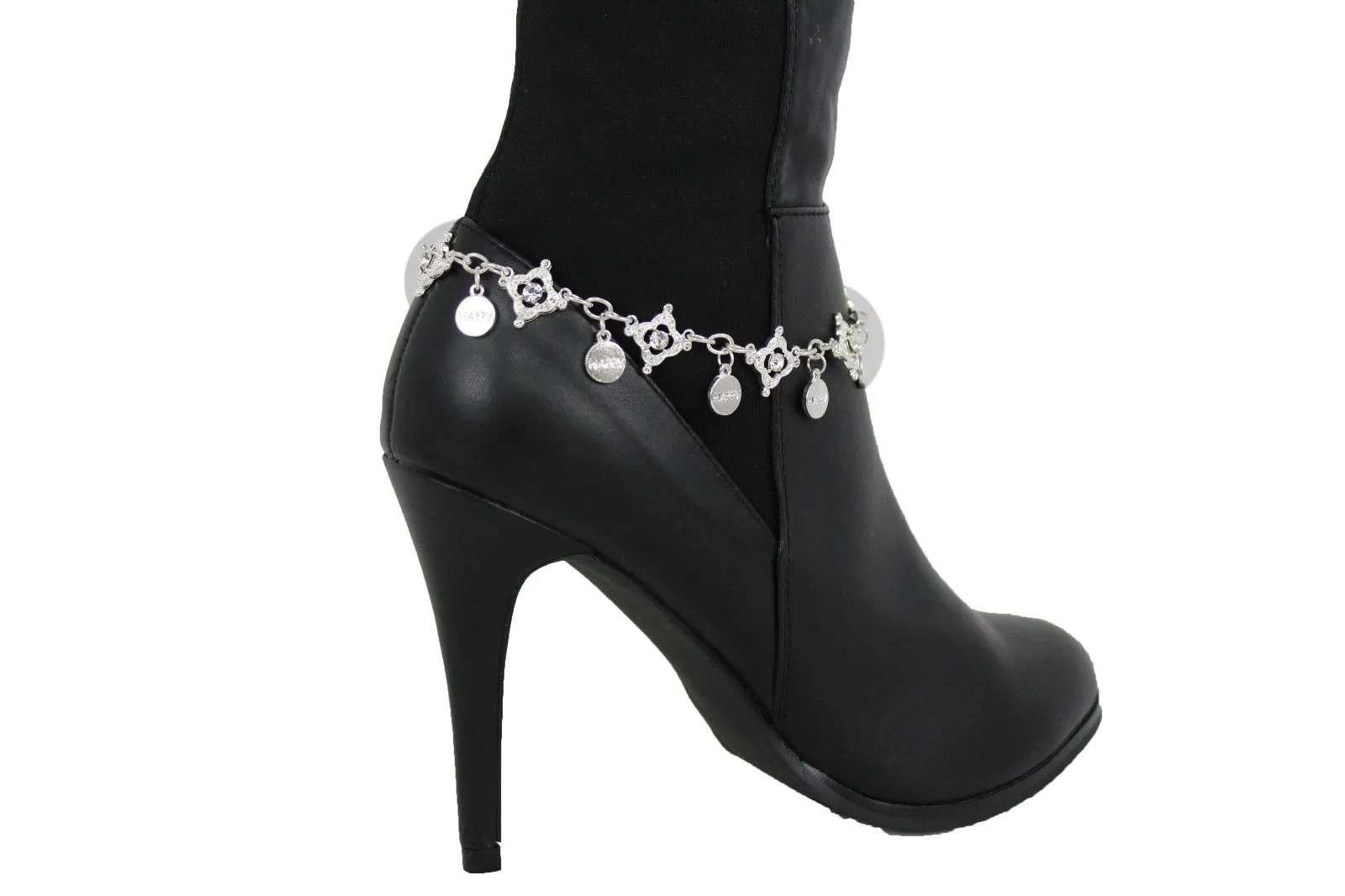 HAPPY Charms & Rhinestone Metal Boot Chain