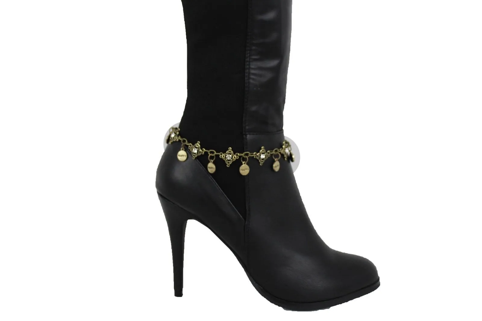 HAPPY Charms & Rhinestone Metal Boot Chain