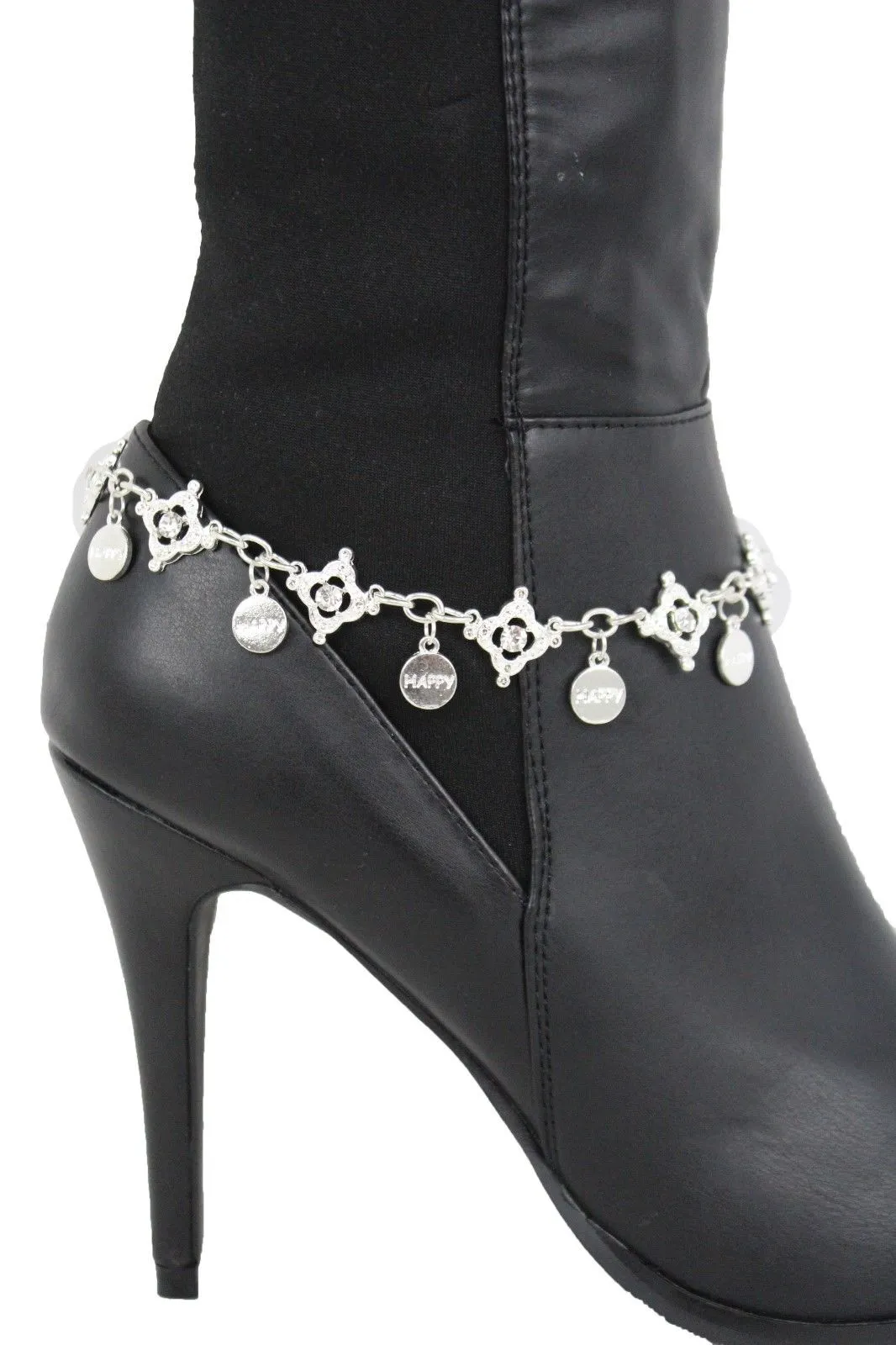 HAPPY Charms & Rhinestone Metal Boot Chain