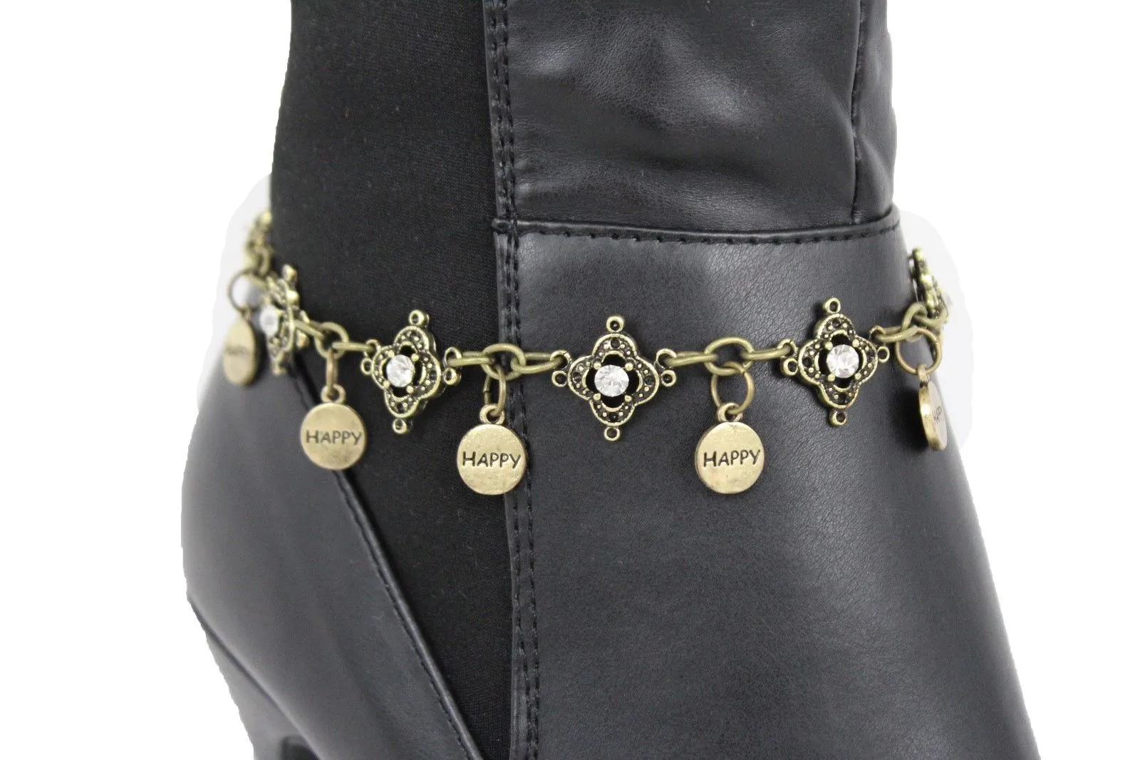 HAPPY Charms & Rhinestone Metal Boot Chain