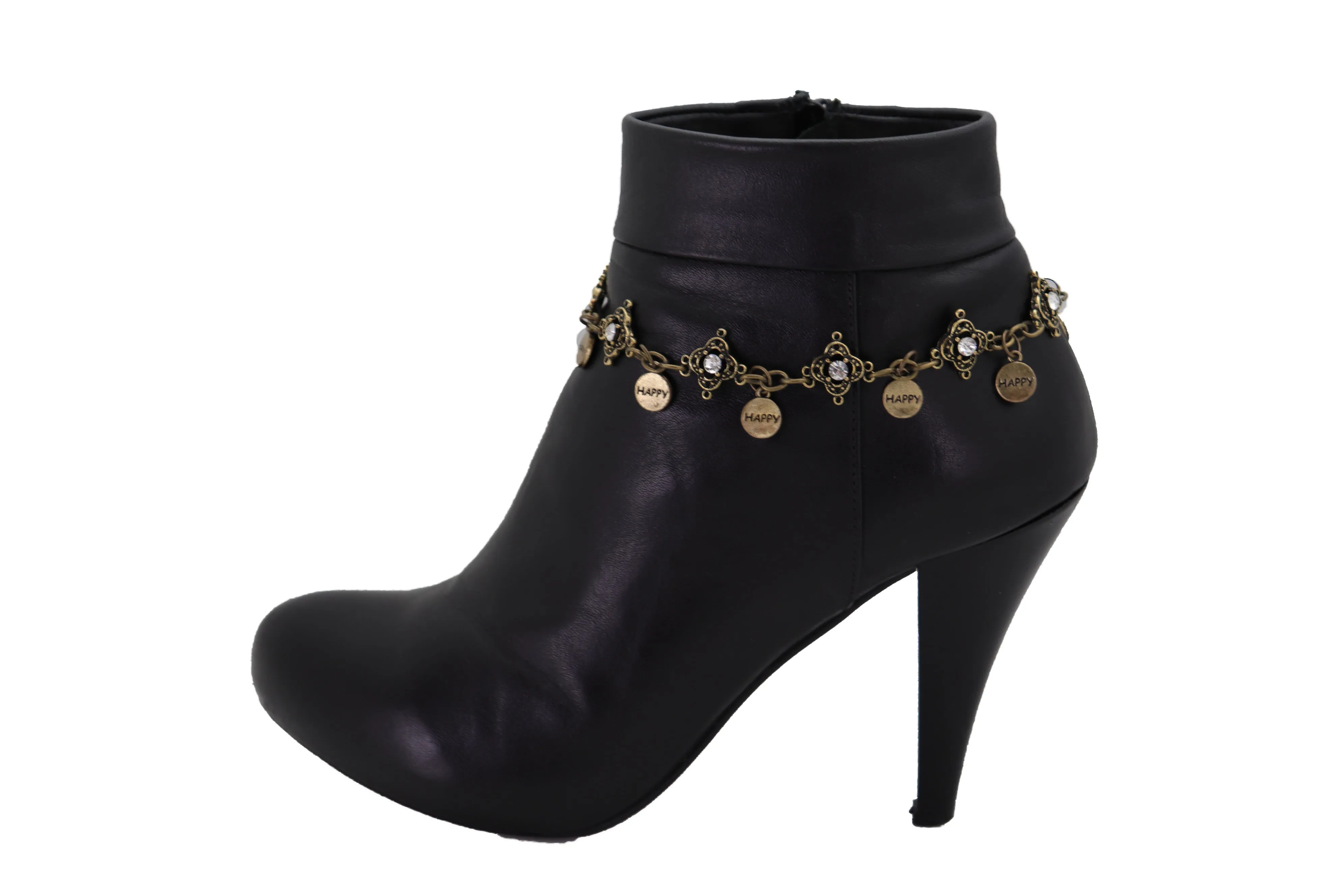 HAPPY Charms & Rhinestone Metal Boot Chain