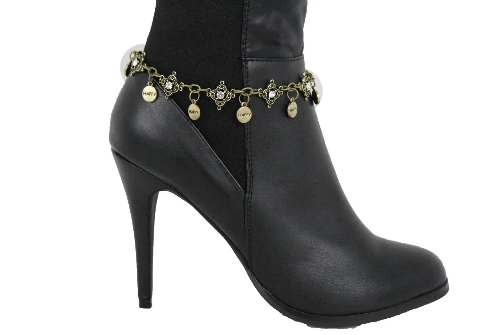 HAPPY Charms & Rhinestone Metal Boot Chain