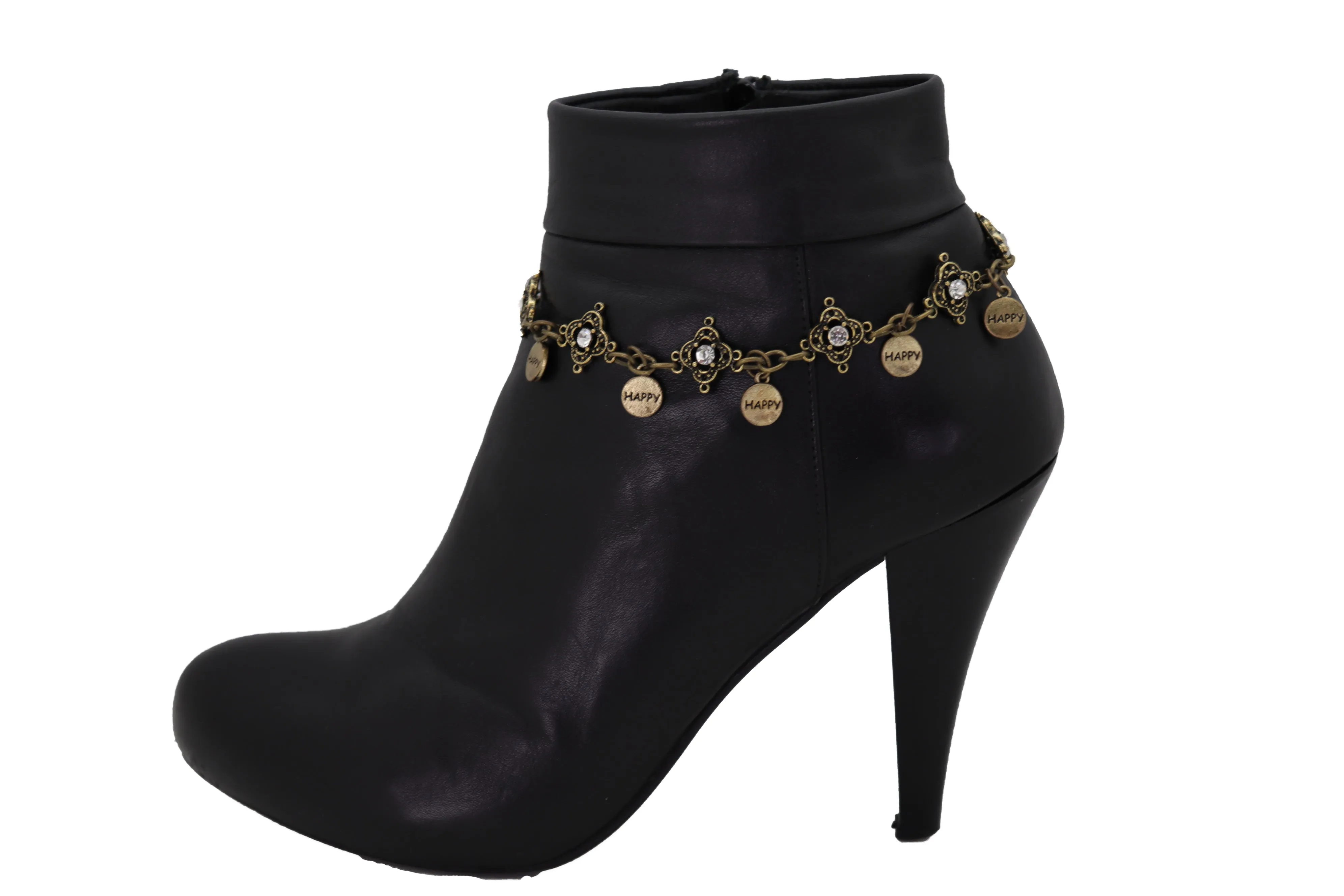 HAPPY Charms & Rhinestone Metal Boot Chain