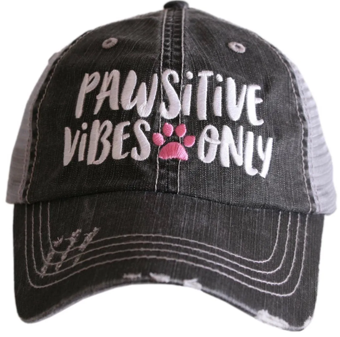 Hats and shirts { Dog mother, Wi.ne lover } { Cat mother, Wi.ne lover } { I love my dog } { I love my cat } { Pawsitive vibes only } Embroidered distressed trucker.