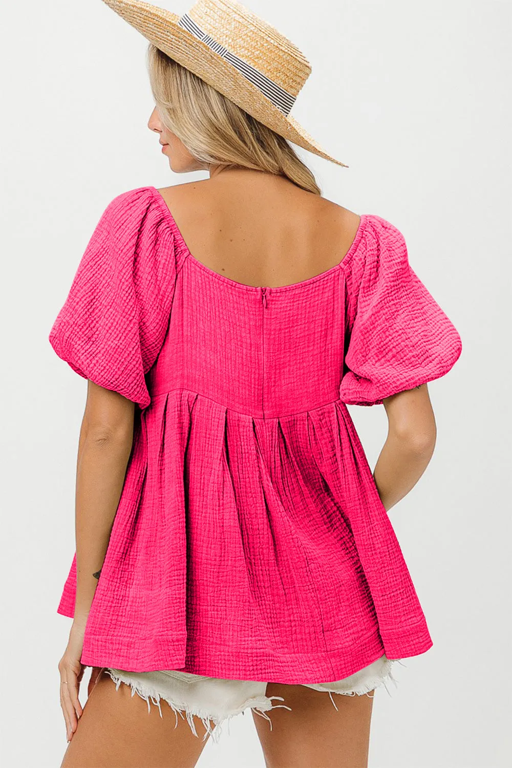 Hazel Blues® |  BiBi Pleated Puff Sleeve Washed Blouse