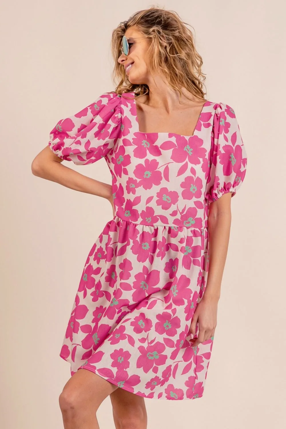 Hazel Blues® |  BiBi Printed Square Neck Puff Sleeve Mini Dress