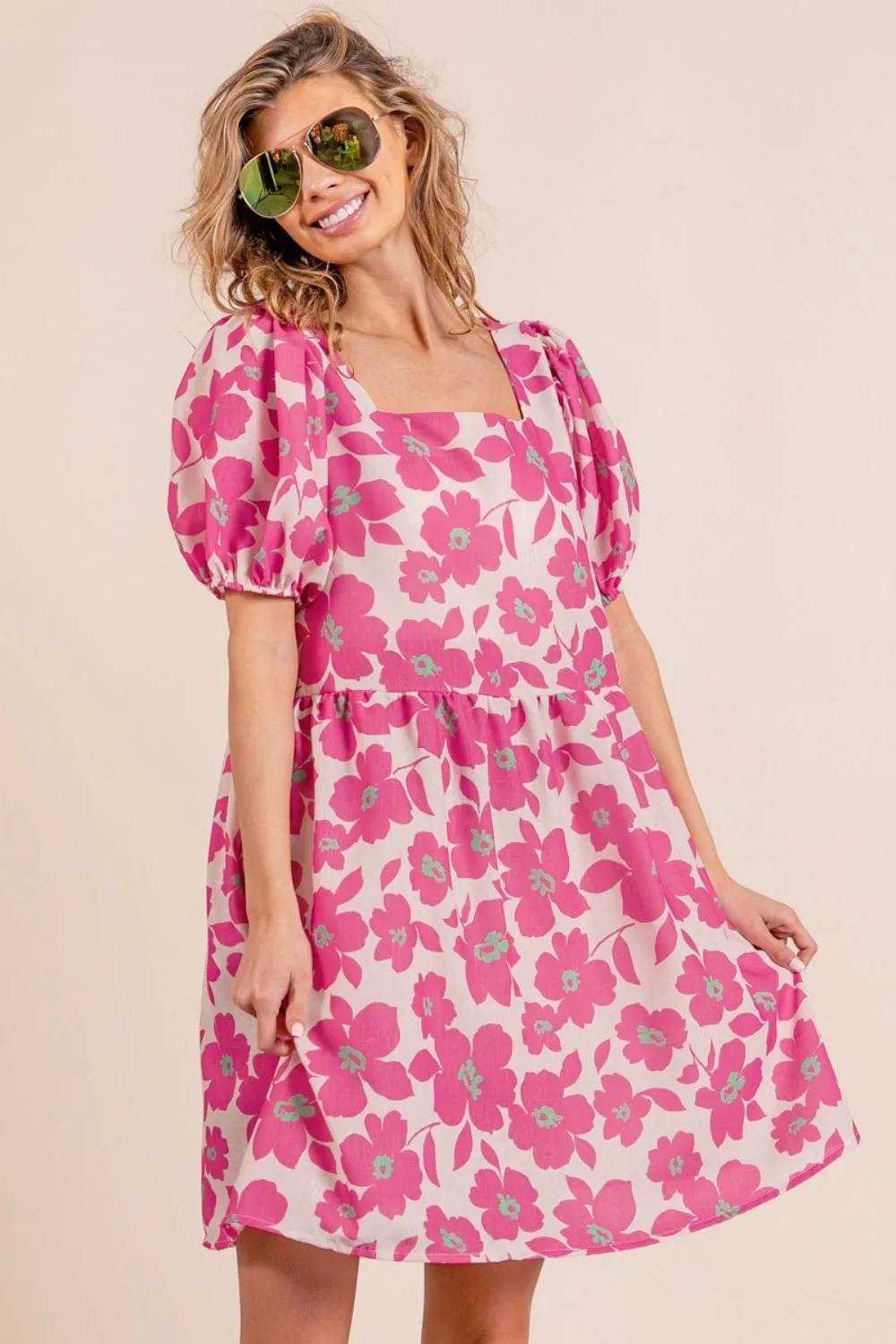 Hazel Blues® |  BiBi Printed Square Neck Puff Sleeve Mini Dress