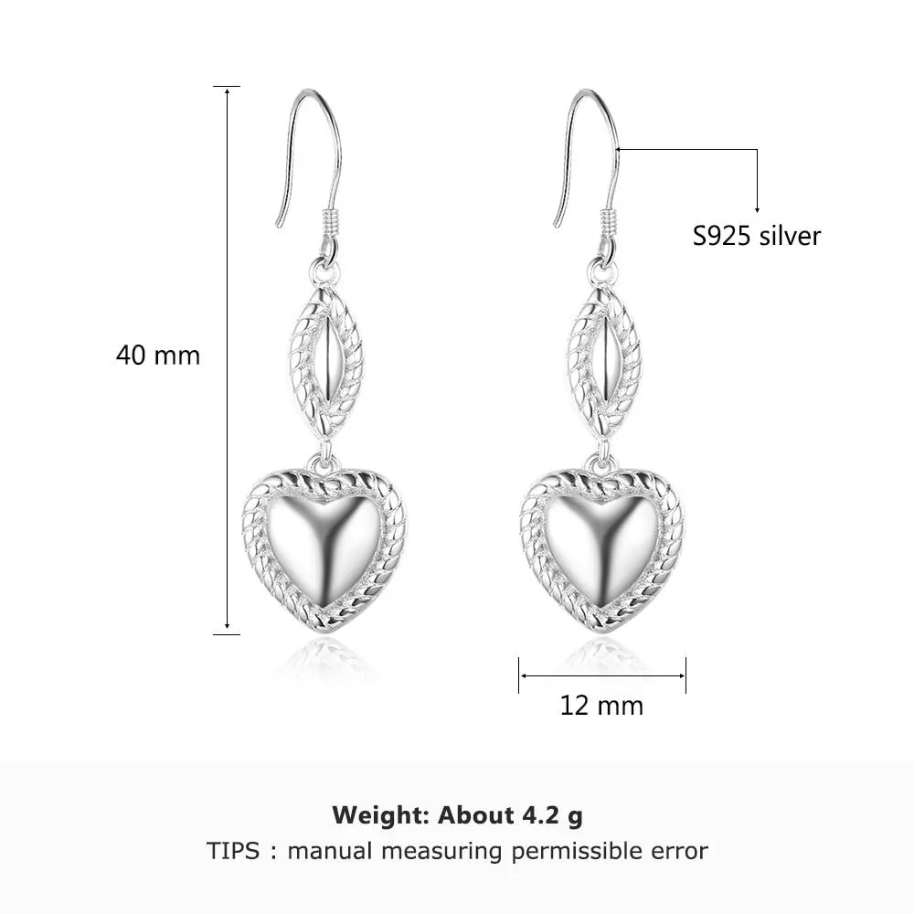 Heart Design Drop Earrings For Women 925 Sterling Silver Party Jewelry Gift For Her