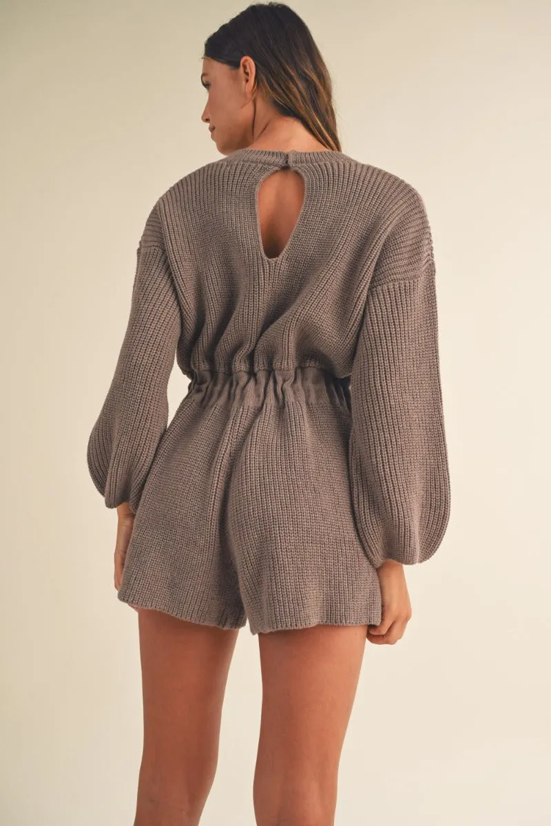 Here For It Long Sleeve Sweater Romper - Mocha - SALE