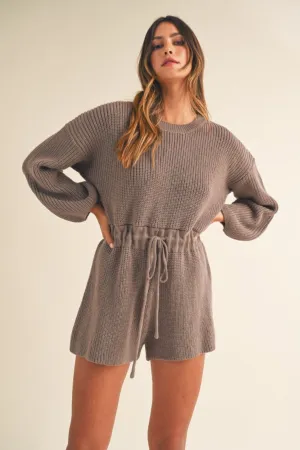 Here For It Long Sleeve Sweater Romper - Mocha - SALE
