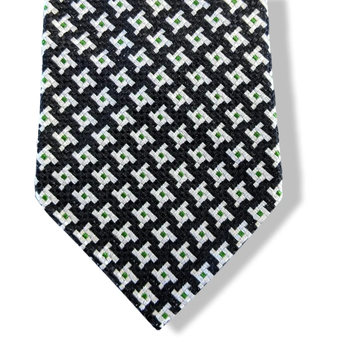 Hermes Vintage 60s Noir/Blanc/Vert Silk Tie Silk 75 cm/2.95" Retro look!