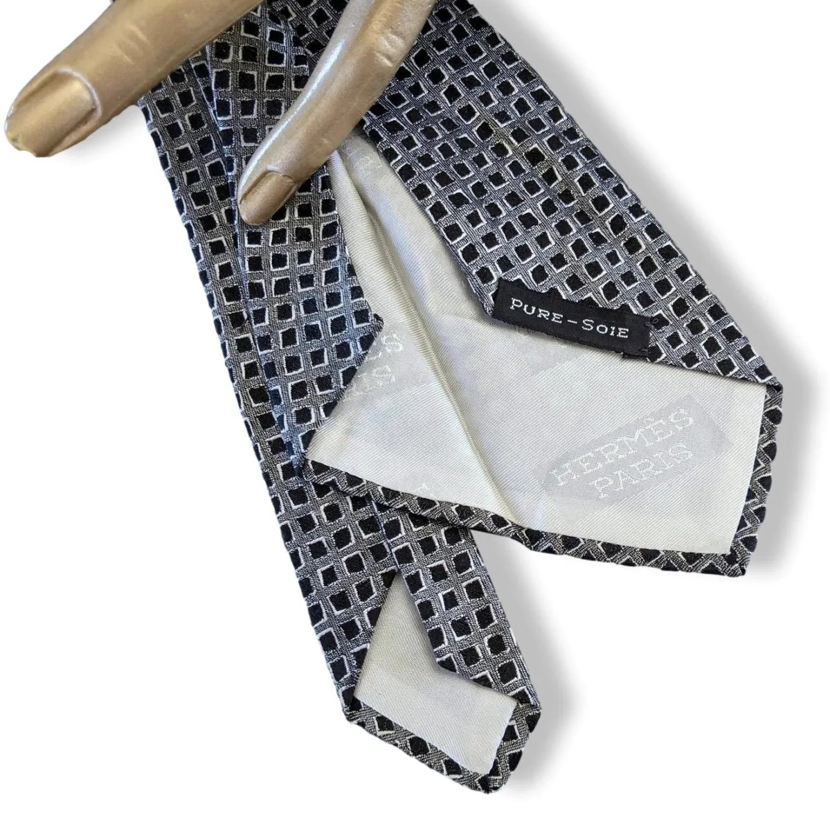 HERMES Vintage 60s Noir/Gris/Blanc SHORT Silk Tie Silk 6,5 cm/2.56" Retro look!