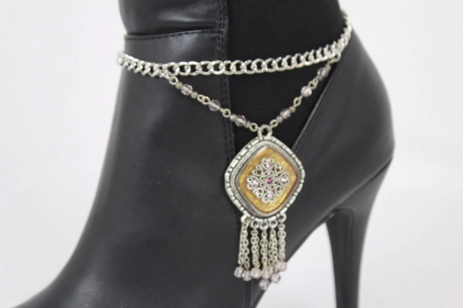 Hot Women Silver Chain Boot Bracelet Anklet Shoe Charm Ethnic Beads Jewelry Fringes