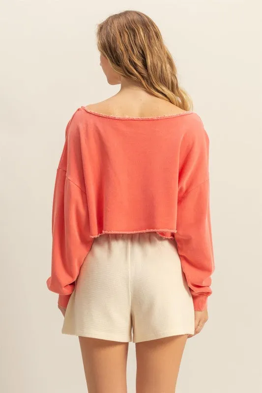 HYFVE Frayed Detail Boat Neck Long Sleeve Crop Top